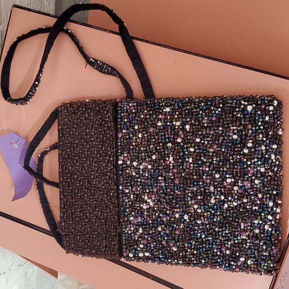 Fully beaded upright vintage bag with two compartments Fits Phone